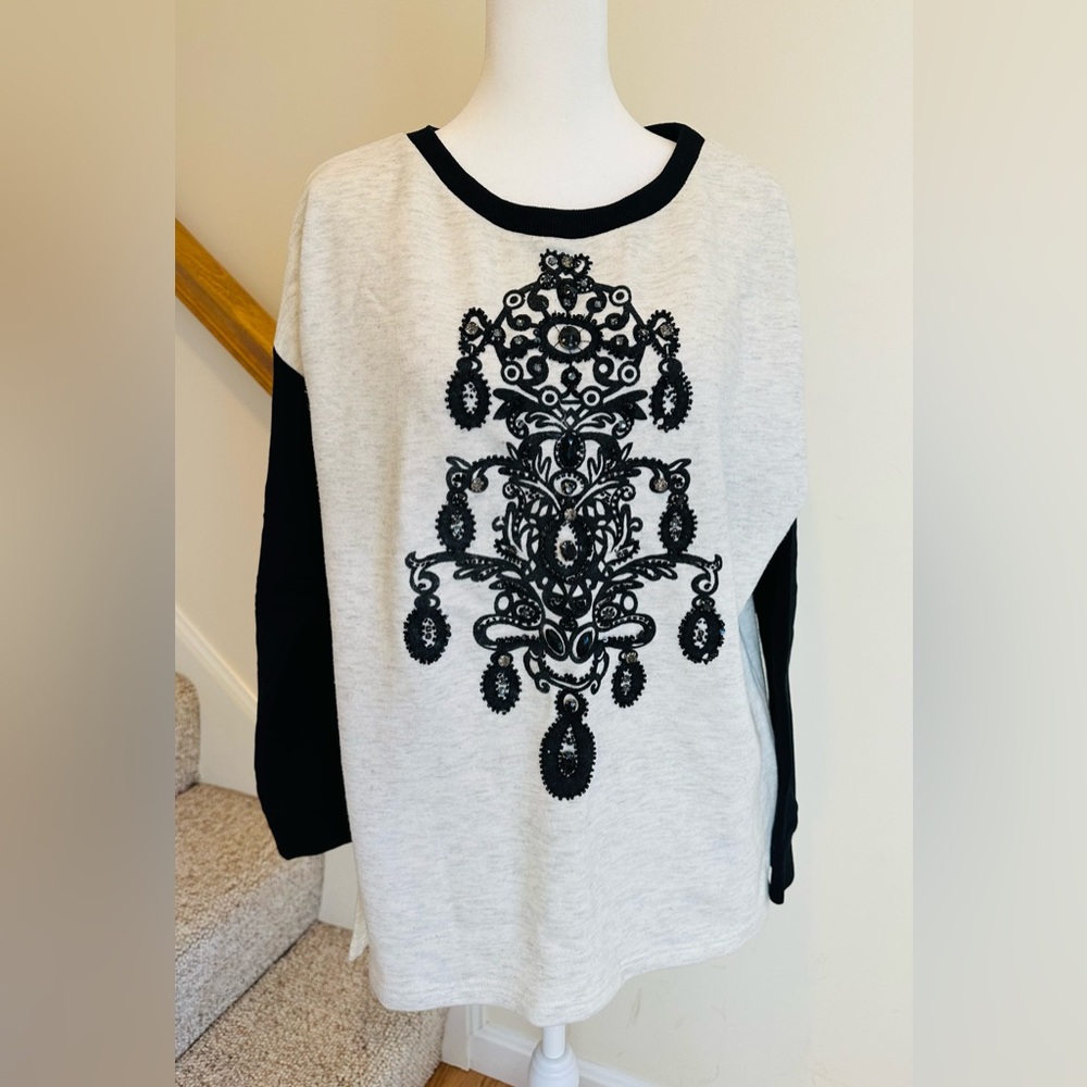 Derhy black and cream, terry sweatshirt, embellished with jewels, size large.